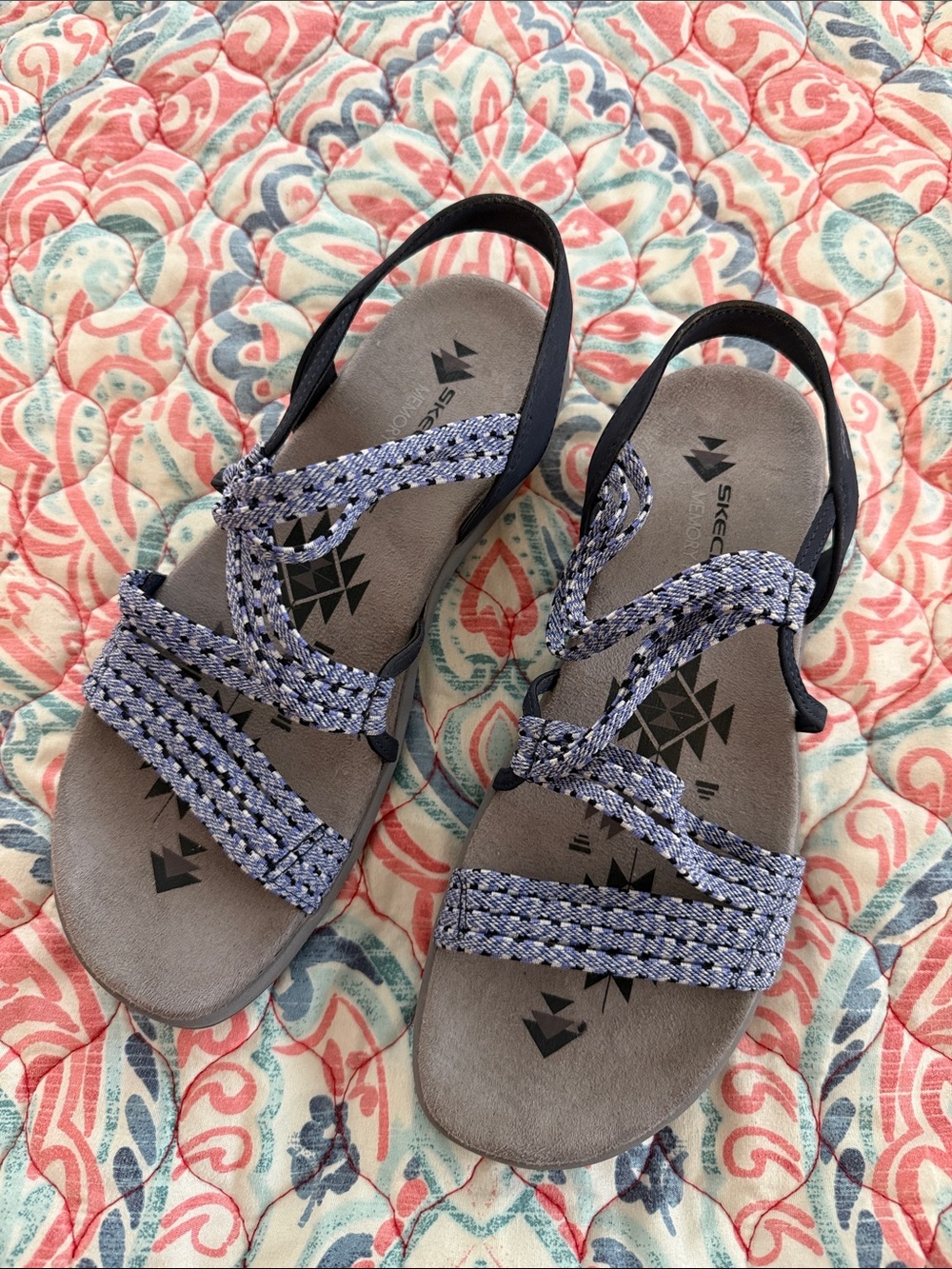 Skechers Women's Blue Patterned Strappy Slingback Sandals